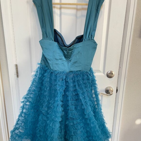 Unique Vintage 1950s Teal Mesh Tulle Off The Shoulder Swing Dress Sz 1X #2 - Picture 7 of 7